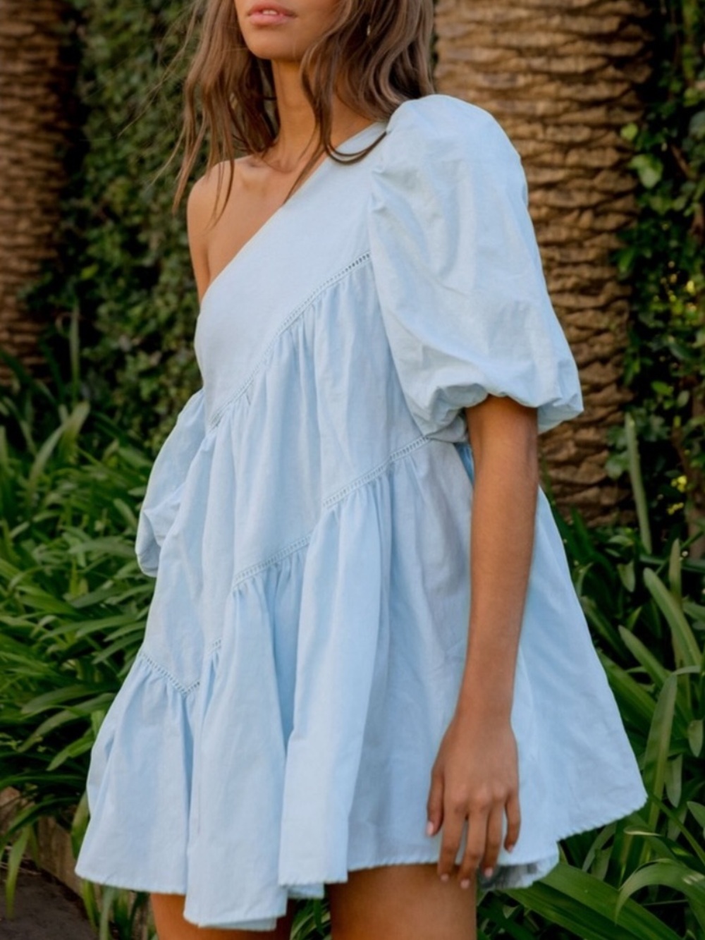 Show Po Harleen One-Shoulder Puff Sleeve Mini Dress in Light Blue